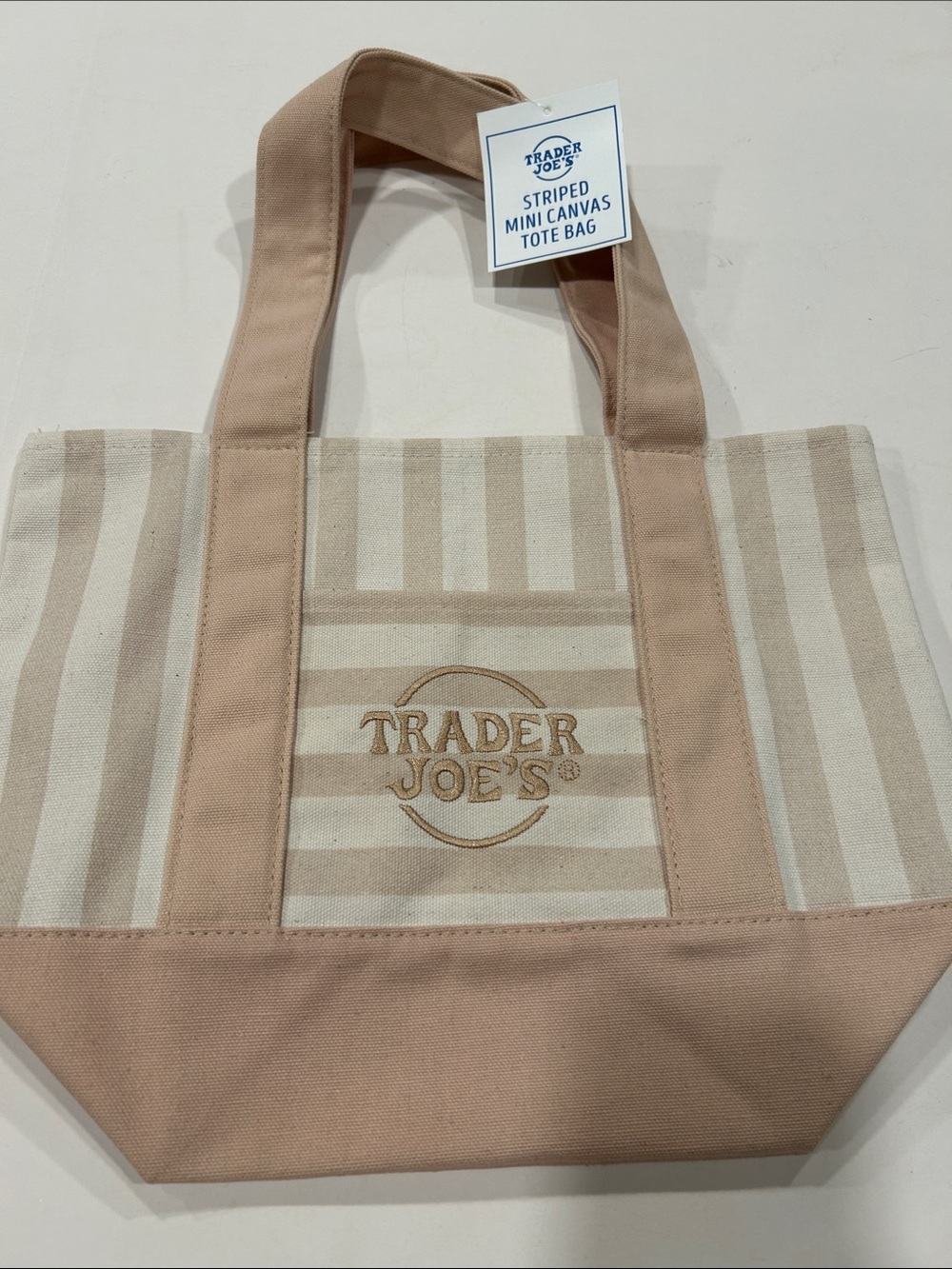 Trader Joe's Beige & Cream Striped Canvas Mini Tote NWT